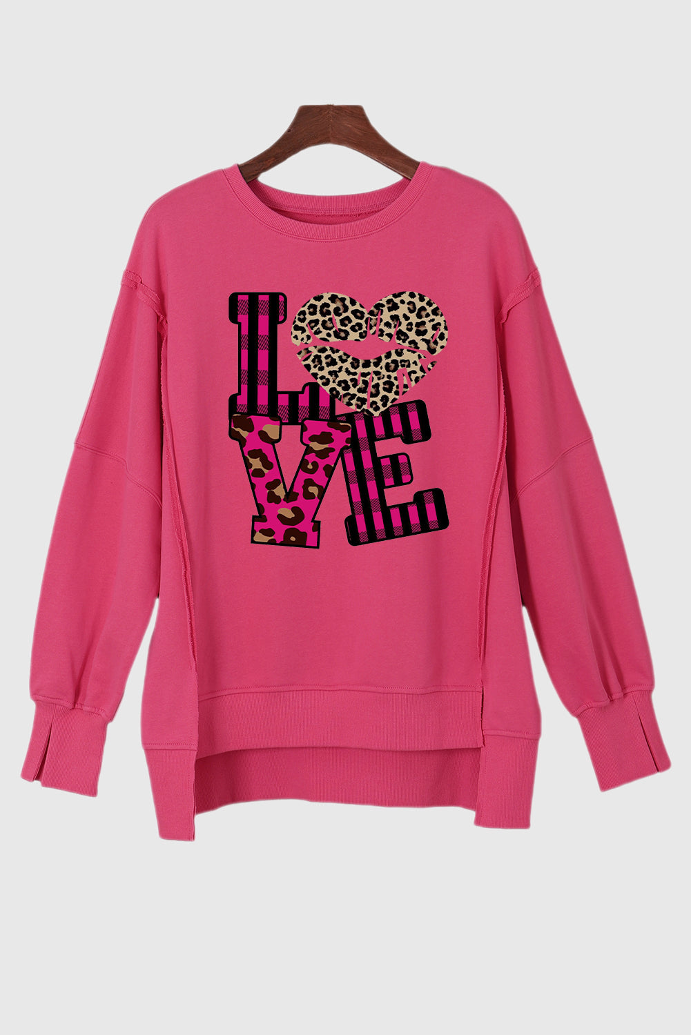 Leopard Print Patchwork Heart Lettering Drop Shoulder Sweatshirt