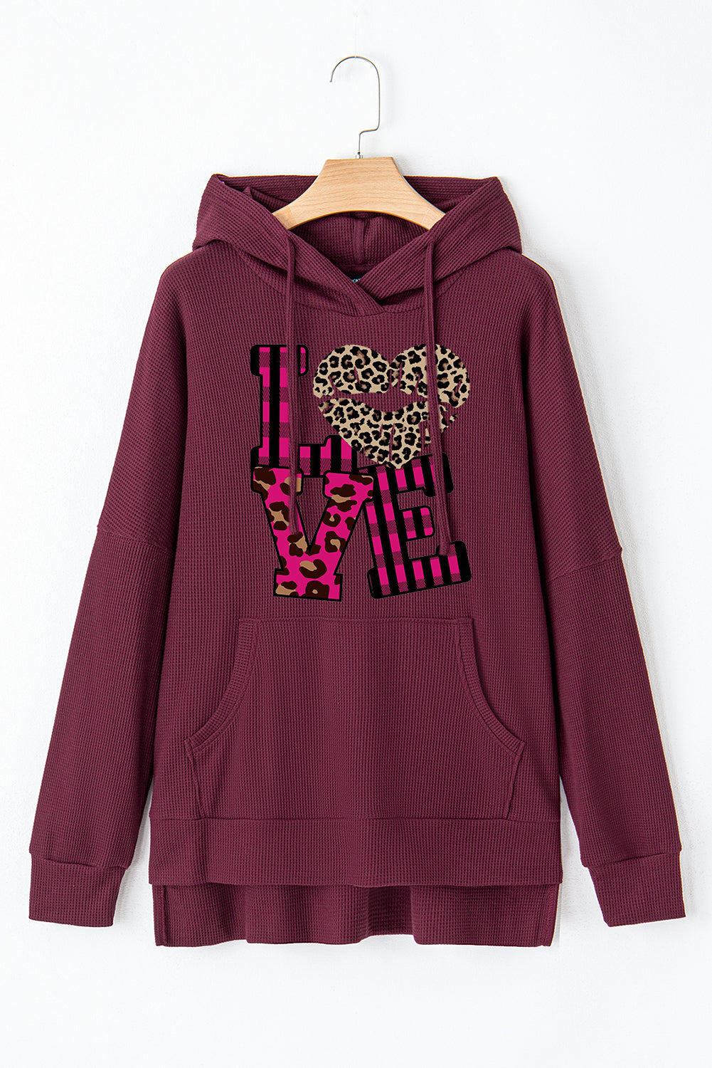 Leopard Print Patchwork Heart Lettering Waffle Knit Fleece Lined Hoodie