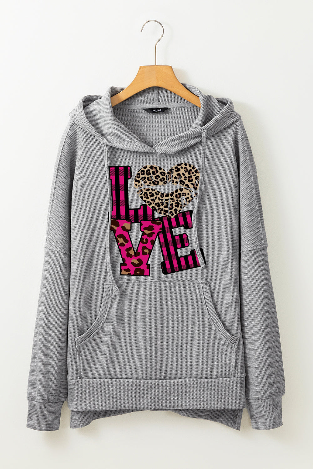 Leopard Print Patchwork Heart Lettering Waffle Knit Fleece Lined Hoodie