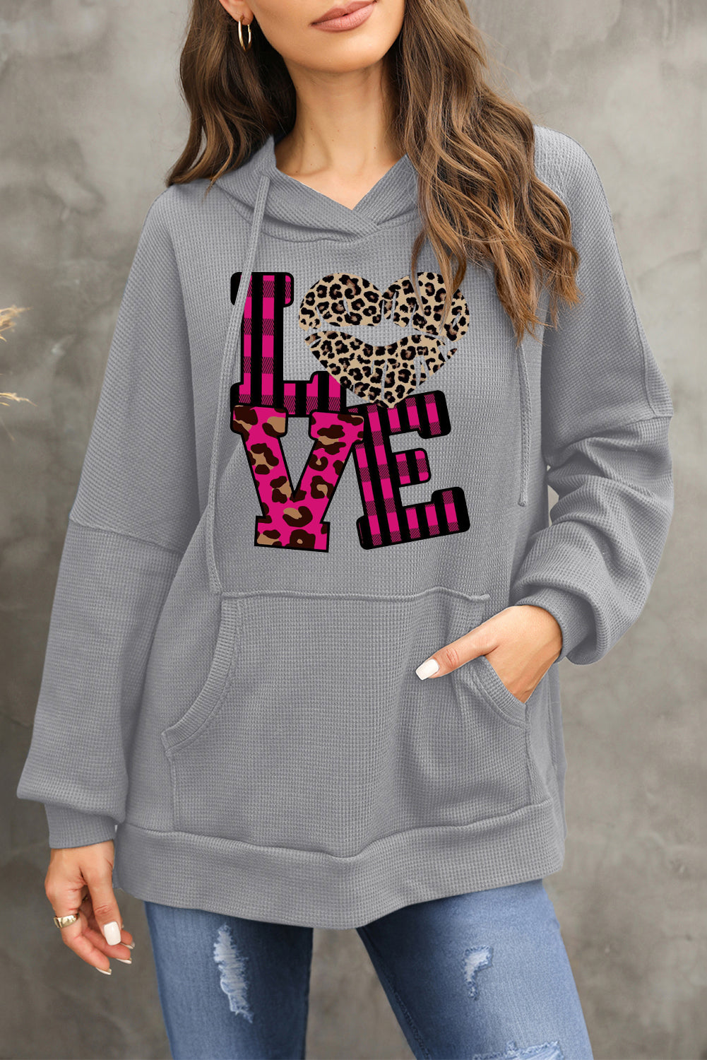 Leopard Print Patchwork Heart Lettering Waffle Knit Fleece Lined Hoodie