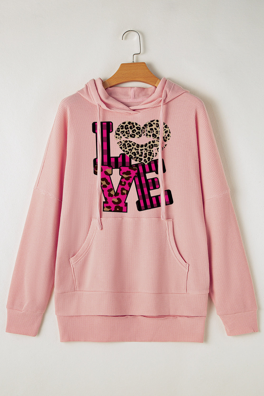 Leopard Print Patchwork Heart Lettering Waffle Knit Fleece Lined Hoodie