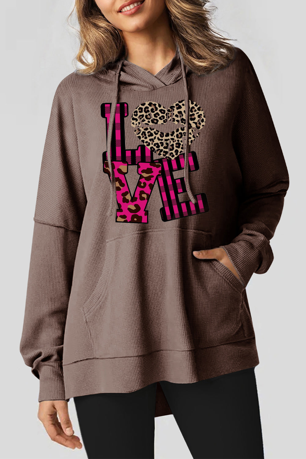 Leopard Print Patchwork Heart Lettering Waffle Knit Fleece Lined Hoodie