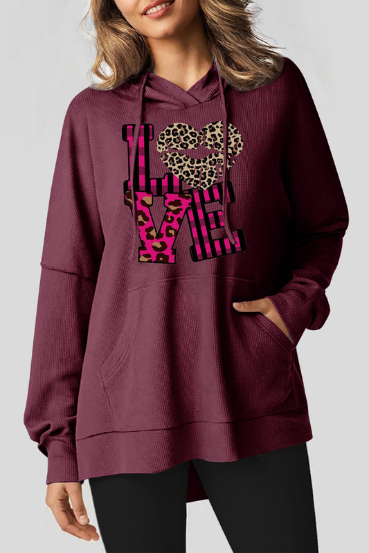 Leopard Print Patchwork Heart Lettering Waffle Knit Fleece Lined Hoodie