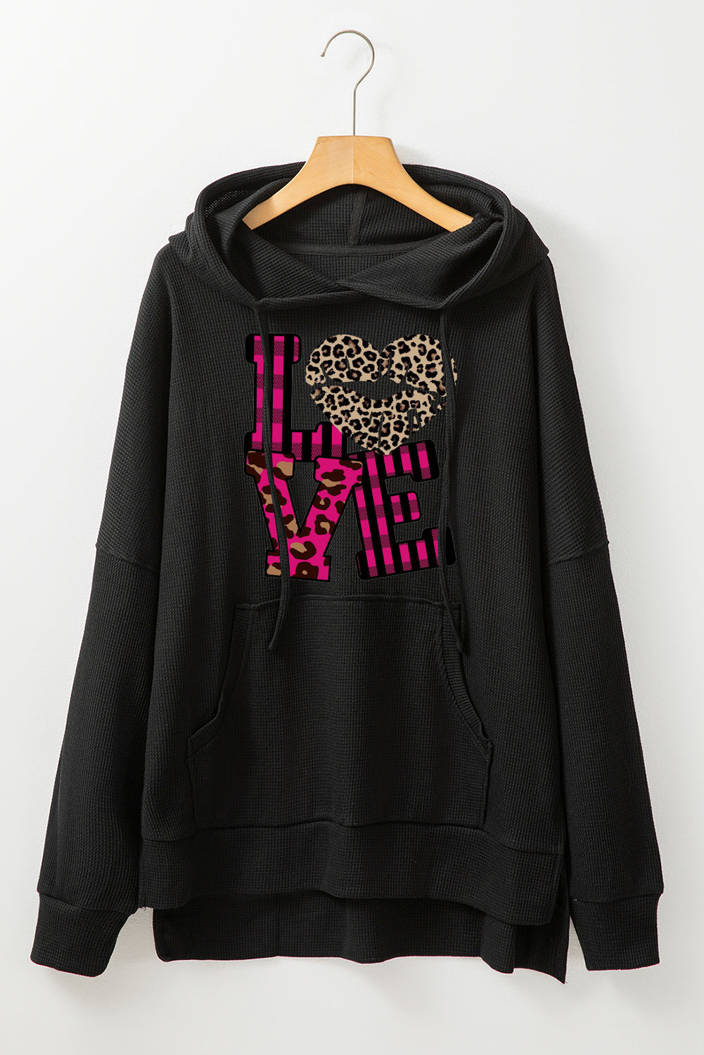 Leopard Print Patchwork Heart Lettering Waffle Knit Fleece Lined Hoodie