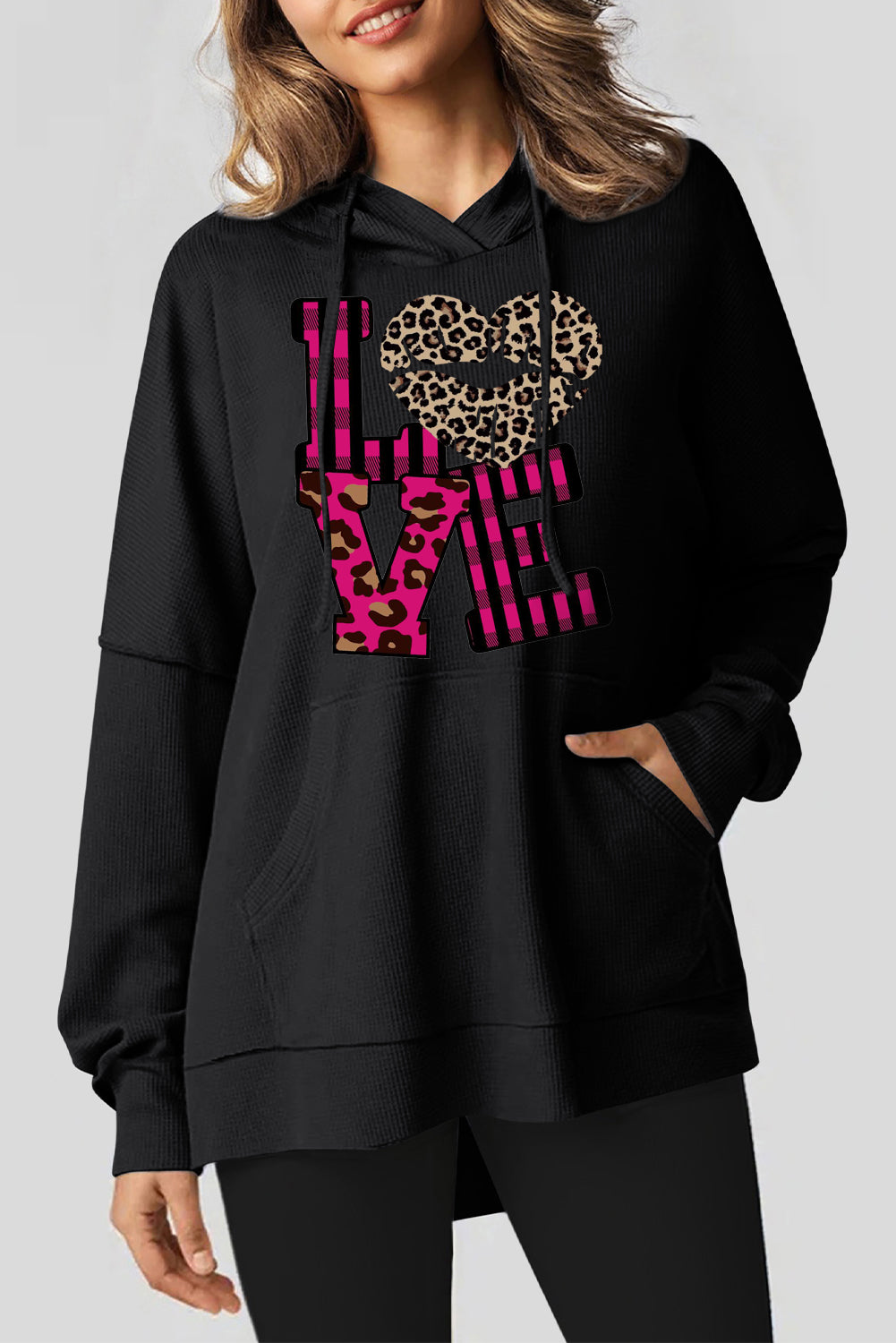 Leopard Print Patchwork Heart Lettering Waffle Knit Fleece Lined Hoodie