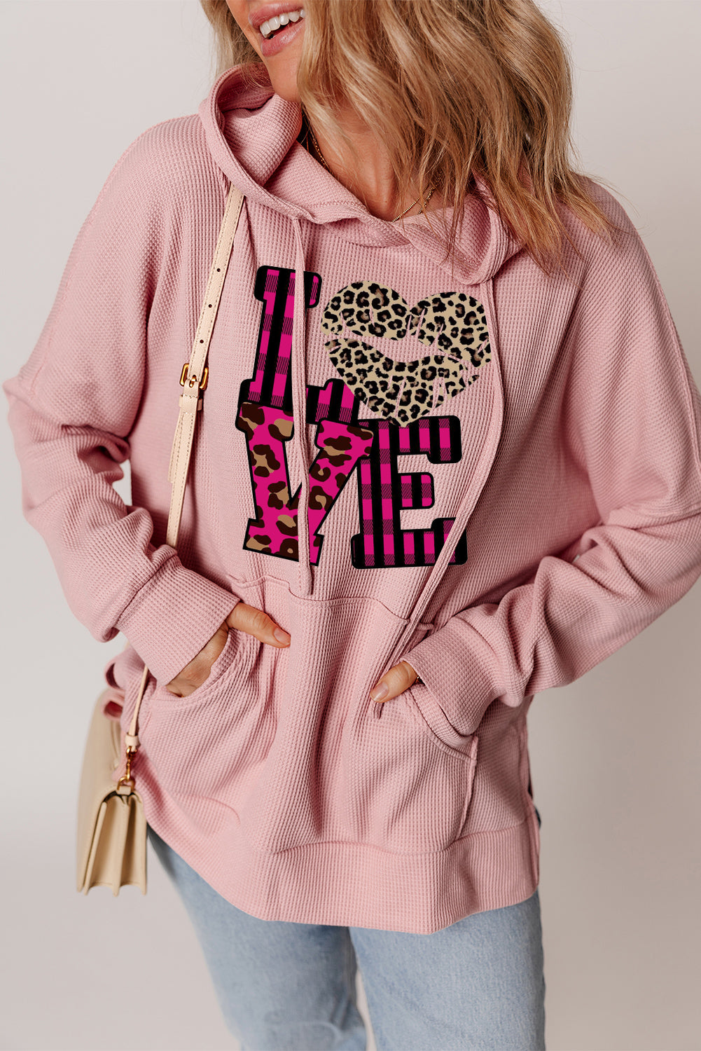 Leopard Print Patchwork Heart Lettering Waffle Knit Fleece Lined Hoodie