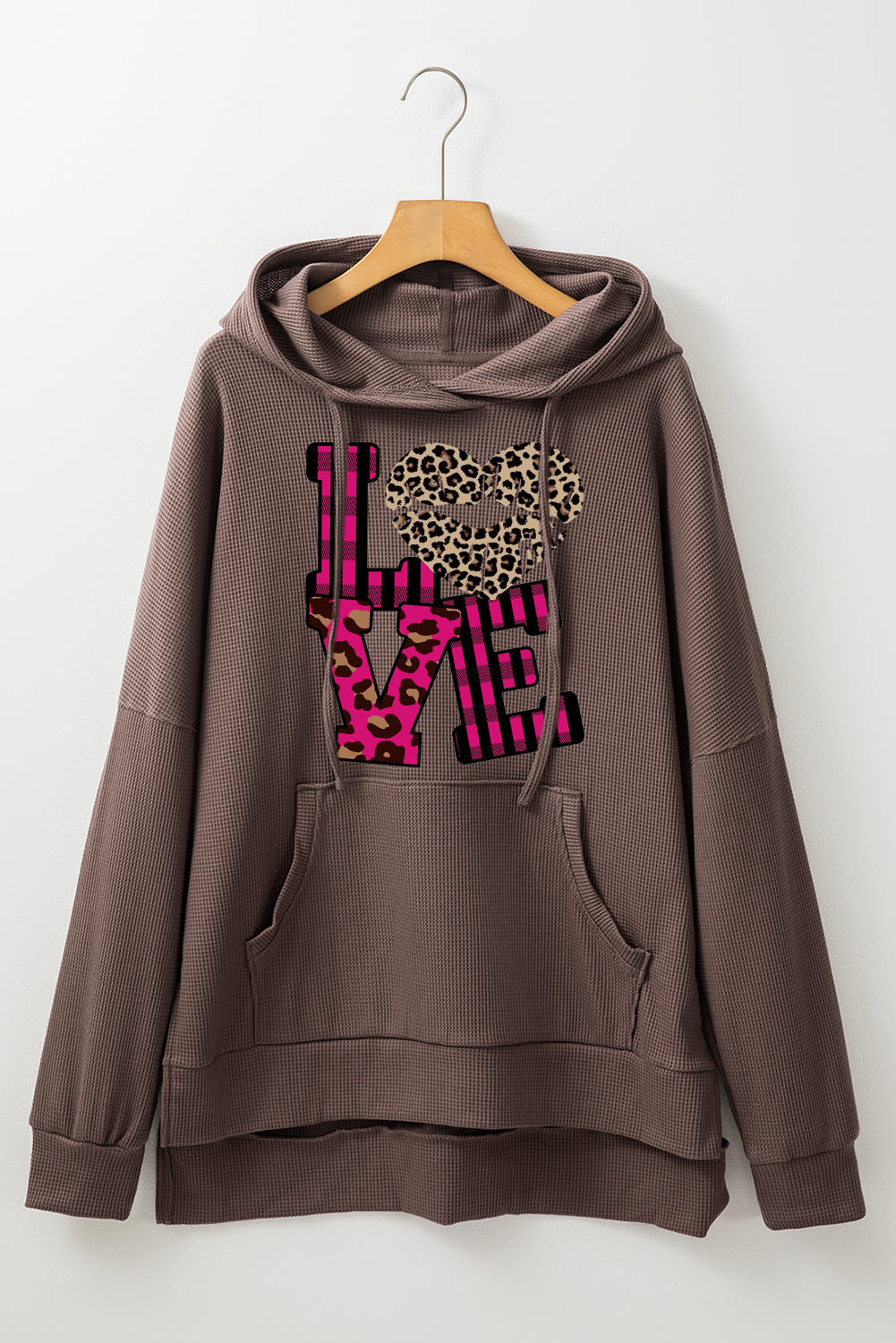 Leopard Print Patchwork Heart Lettering Waffle Knit Fleece Lined Hoodie