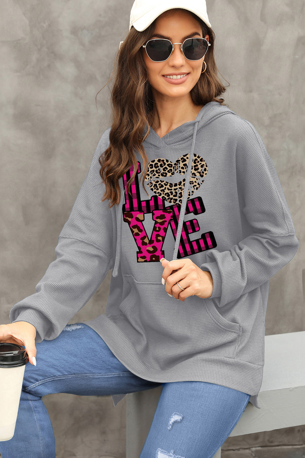 Leopard Print Patchwork Heart Lettering Waffle Knit Fleece Lined Hoodie