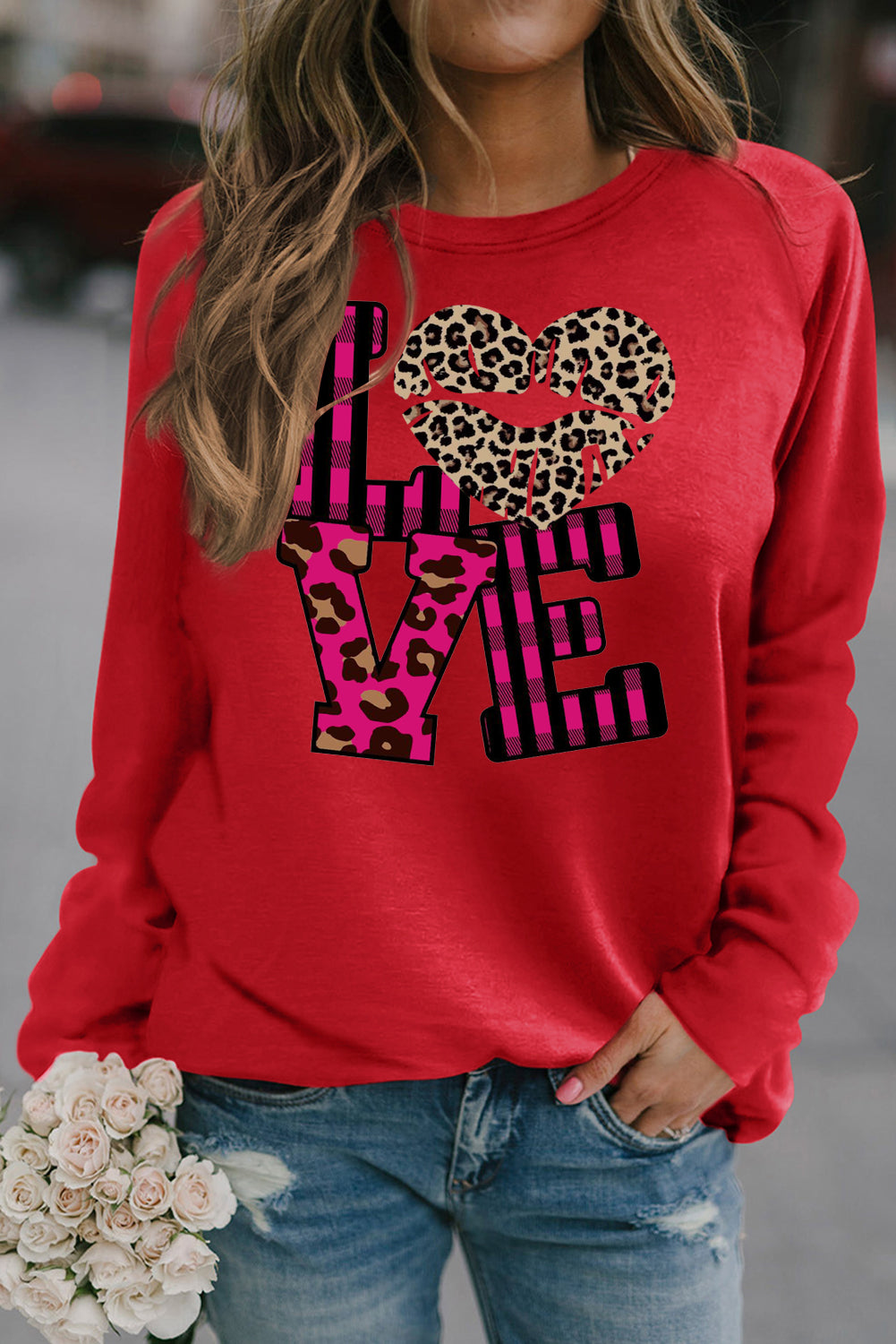 Leopard Print Patchwork Heart Lettering Crew Neck Sweatshirt