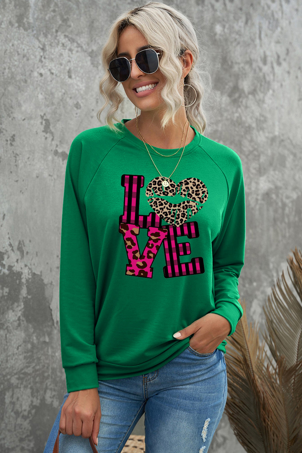 Leopard Print Patchwork Heart Lettering Crew Neck Sweatshirt