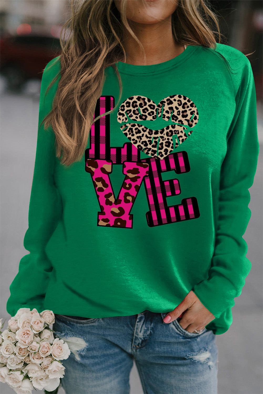 Leopard Print Patchwork Heart Lettering Crew Neck Sweatshirt