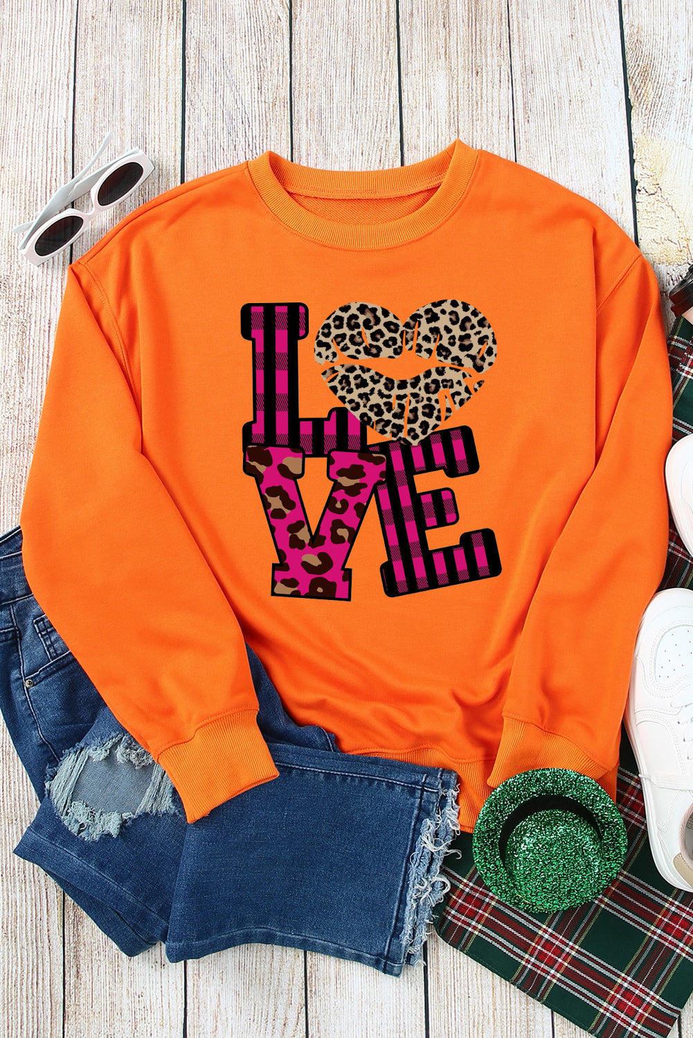 Valentine's Day Leopard Print Spliced Heart Letter Sweatshirt