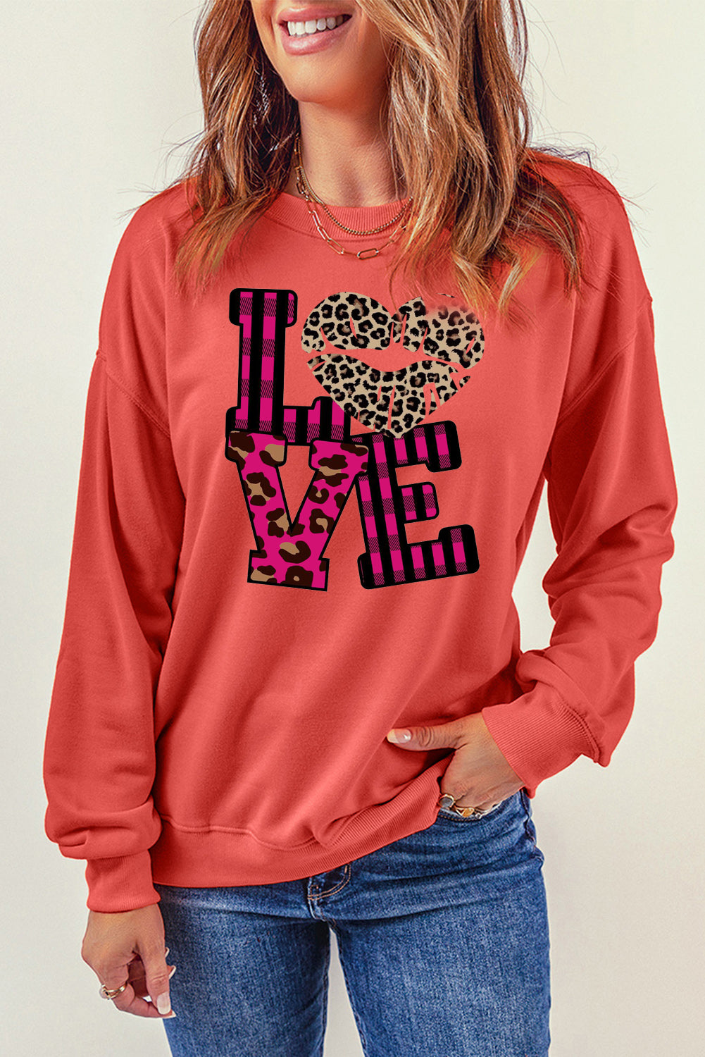 Valentine's Day Leopard Print Spliced Heart Letter Sweatshirt