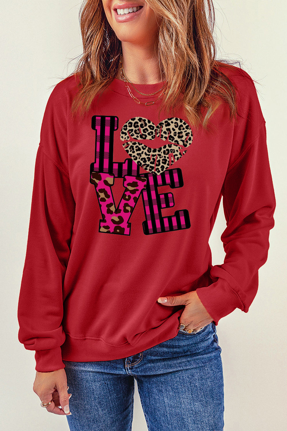 Valentine's Day Leopard Print Spliced Heart Letter Sweatshirt