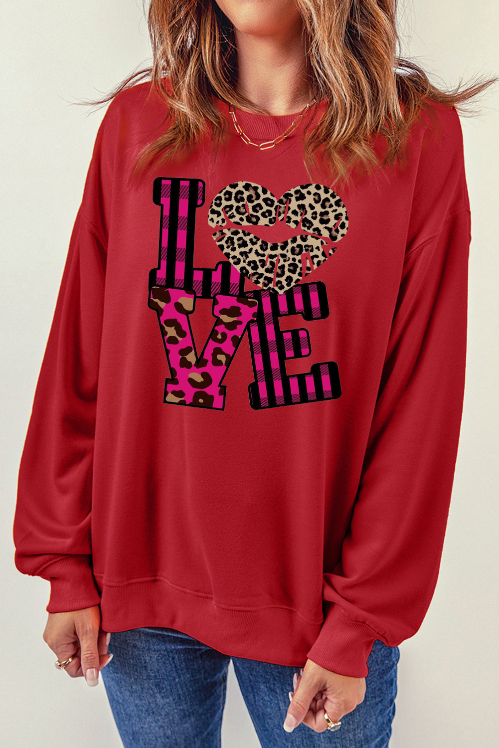 Valentine's Day Leopard Print Spliced Heart Letter Sweatshirt