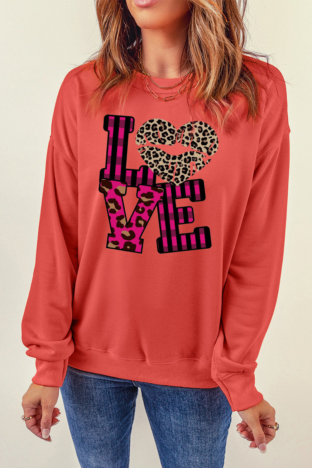 Valentine's Day Leopard Print Spliced Heart Letter Sweatshirt