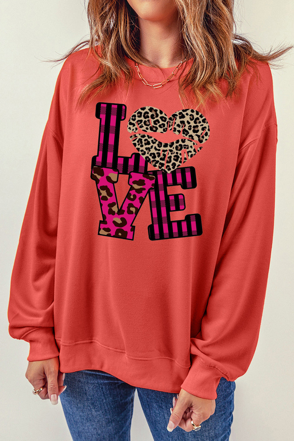 Valentine's Day Leopard Print Spliced Heart Letter Sweatshirt