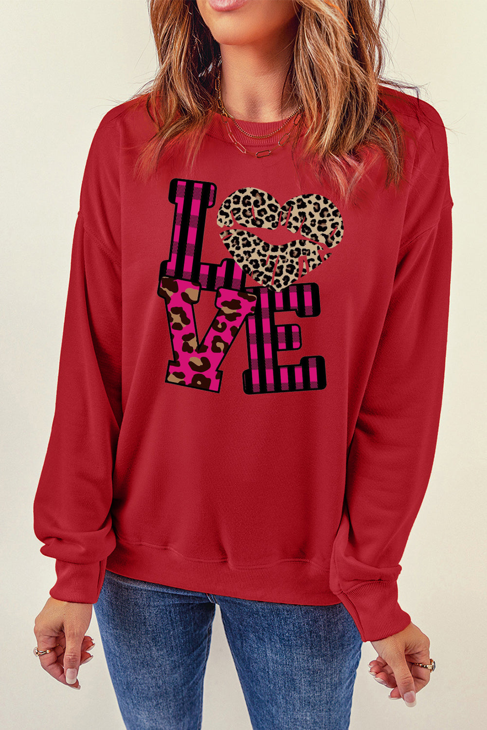 Valentine's Day Leopard Print Spliced Heart Letter Sweatshirt