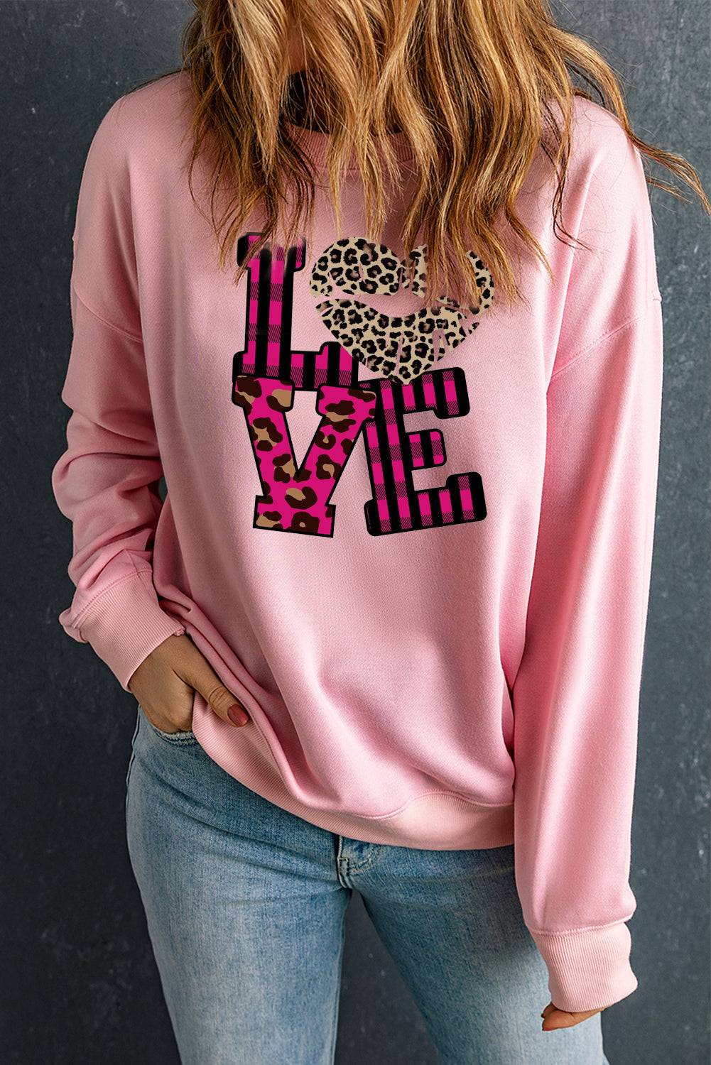 Valentine's Day Leopard Print Spliced Heart Letter Sweatshirt