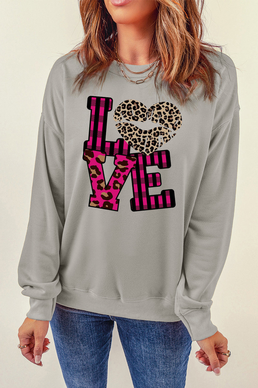 Valentine's Day Leopard Print Spliced Heart Letter Sweatshirt