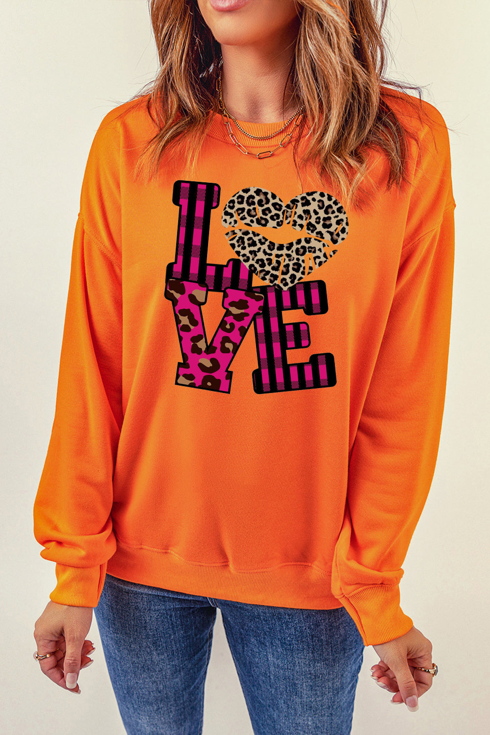 Valentine's Day Leopard Print Spliced Heart Letter Sweatshirt