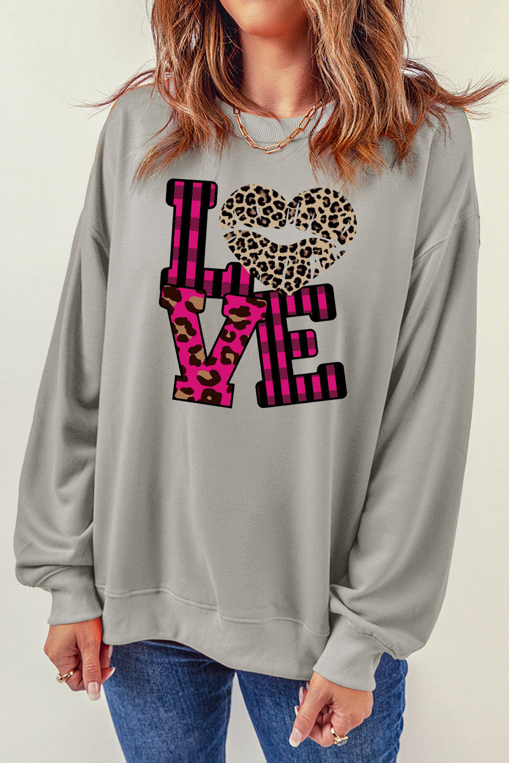 Valentine's Day Leopard Print Spliced Heart Letter Sweatshirt