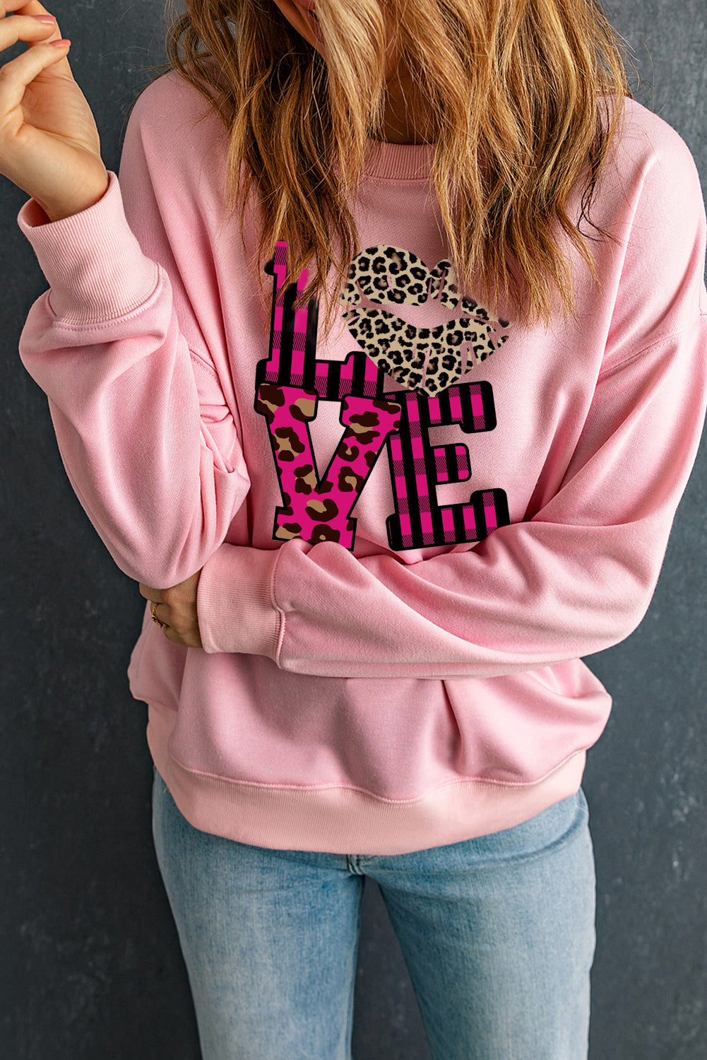 Valentine's Day Leopard Print Spliced Heart Letter Sweatshirt