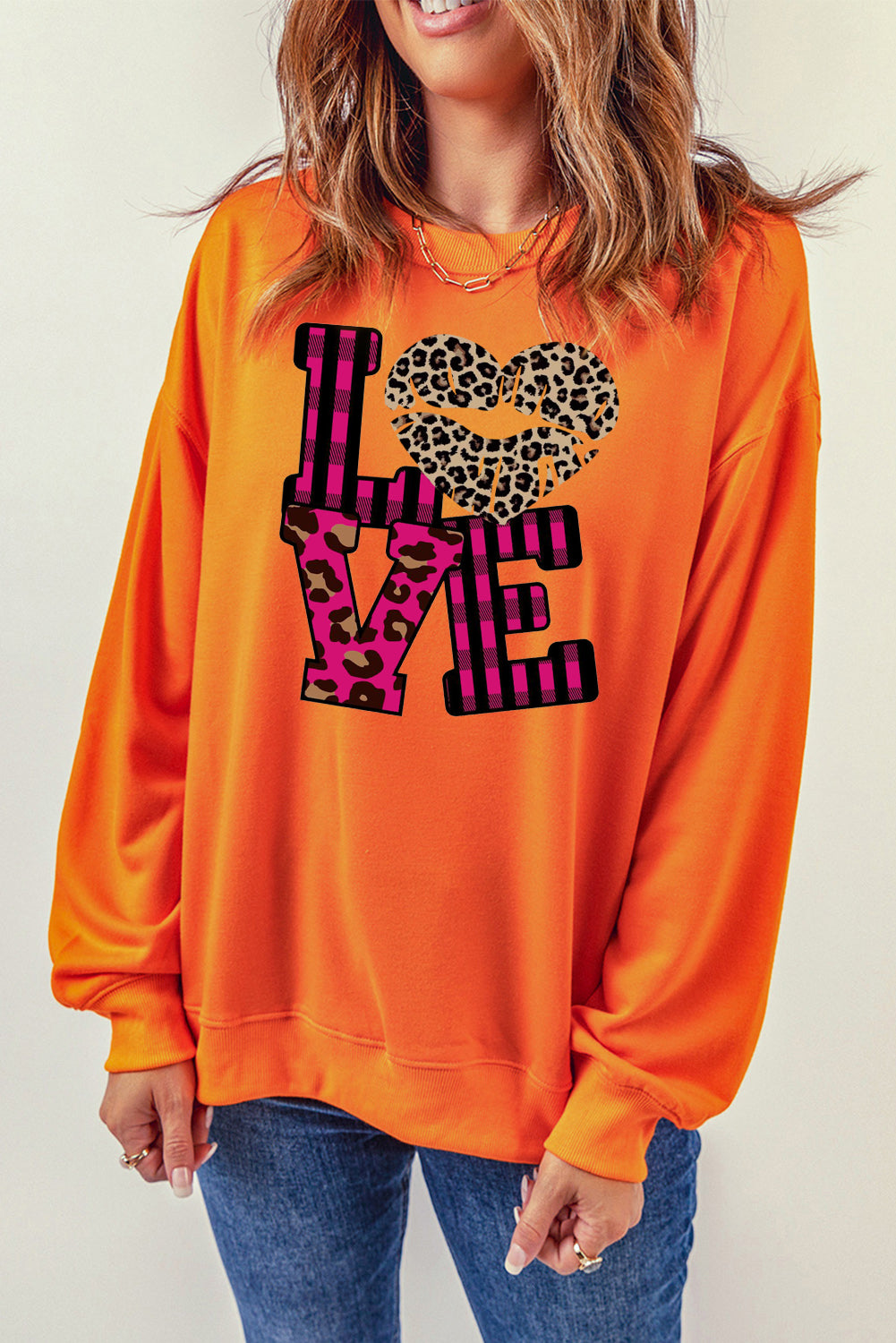 Valentine's Day Leopard Print Spliced Heart Letter Sweatshirt