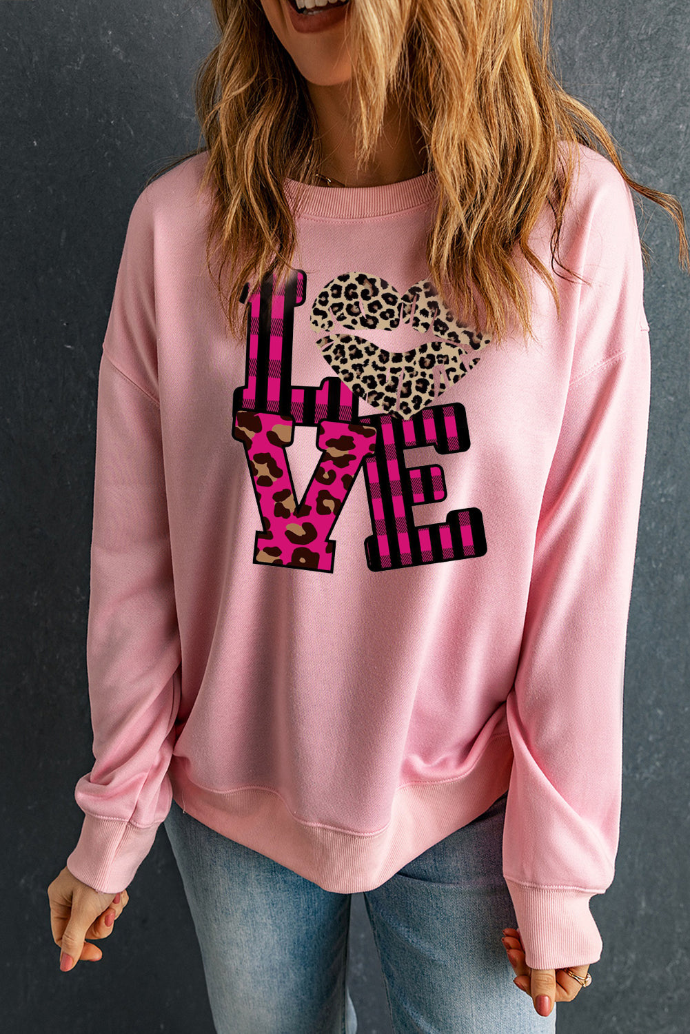 Valentine's Day Leopard Print Spliced Heart Letter Sweatshirt