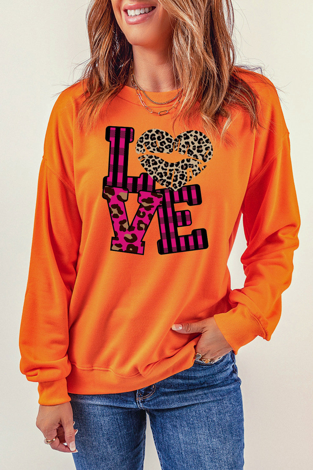 Valentine's Day Leopard Print Spliced Heart Letter Sweatshirt