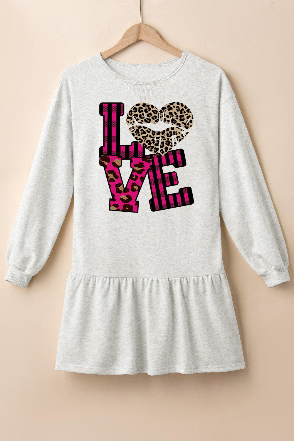 Leopard Print Patchwork Heart Lettering Puff Sleeve Ruffle Hem Mini Dress