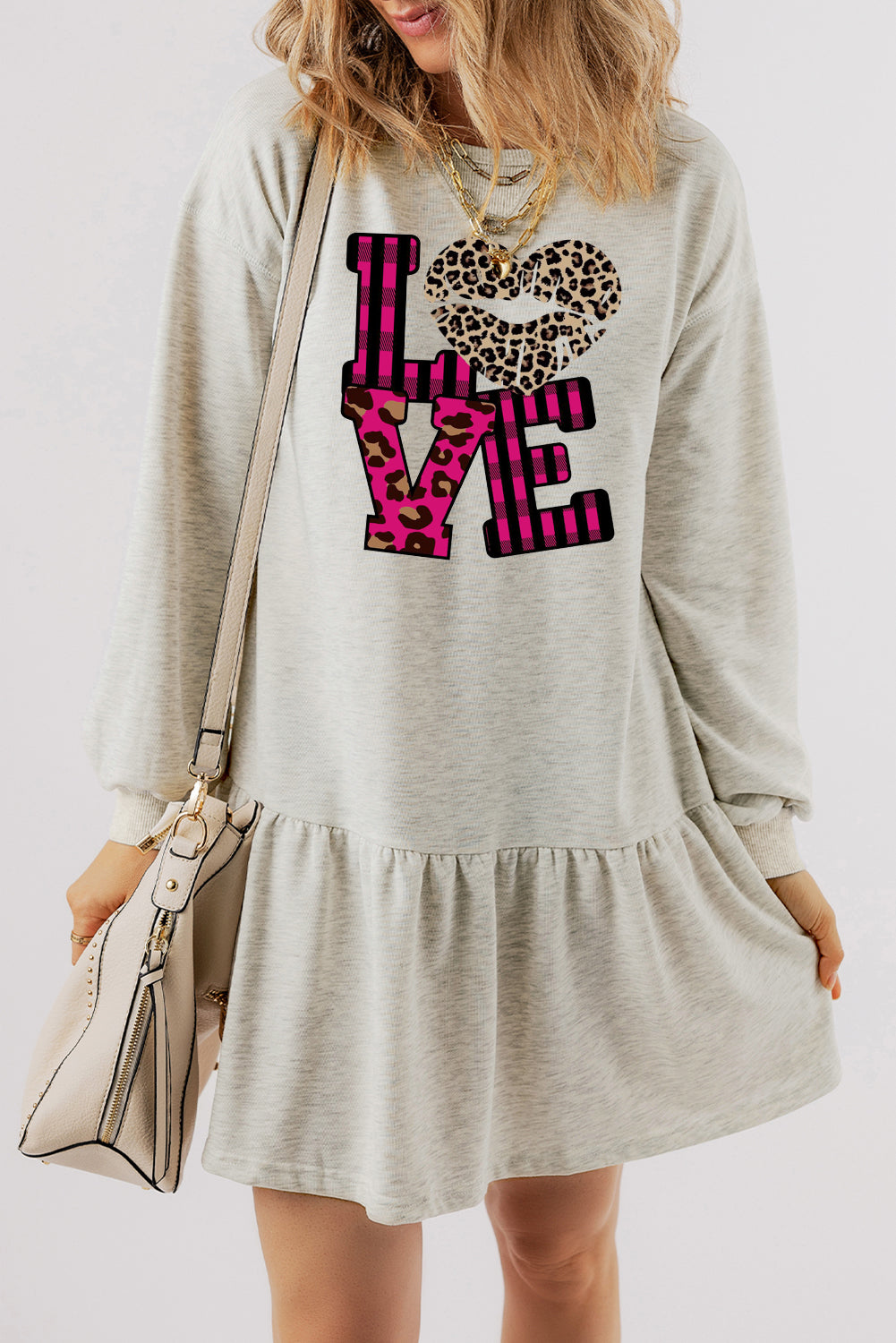 Leopard Print Patchwork Heart Lettering Puff Sleeve Ruffle Hem Mini Dress