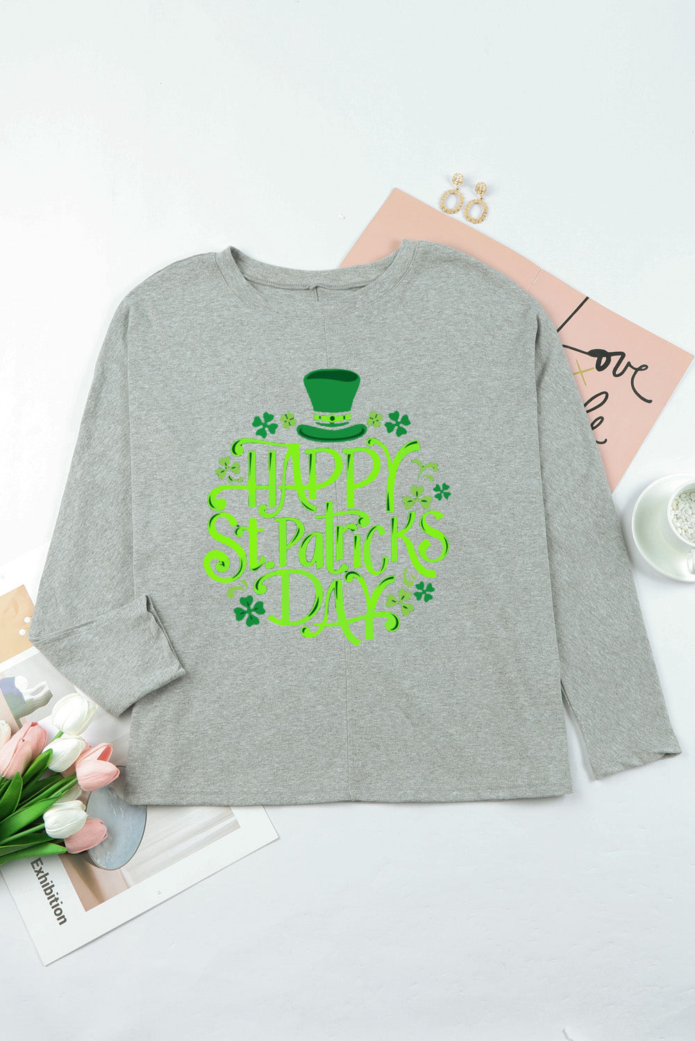 Saint Patrick's Day Graphic Patchwork Long Sleeve Knit Top