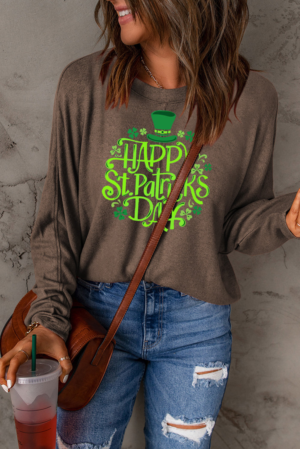 Saint Patrick's Day Graphic Patchwork Long Sleeve Knit Top