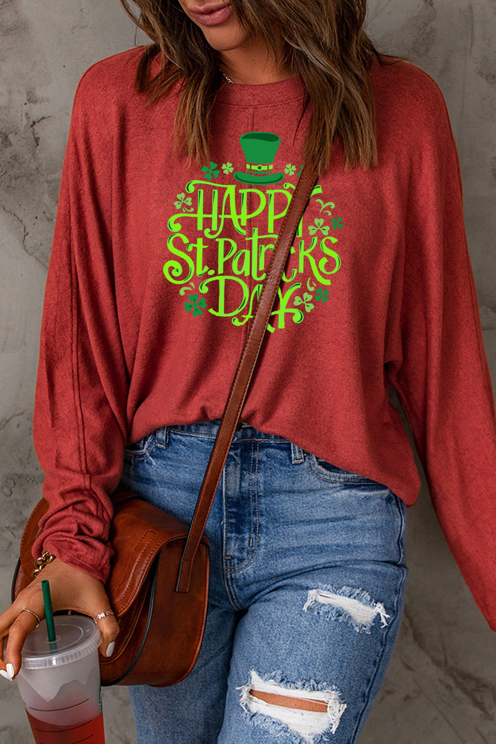 Saint Patrick's Day Graphic Patchwork Long Sleeve Knit Top