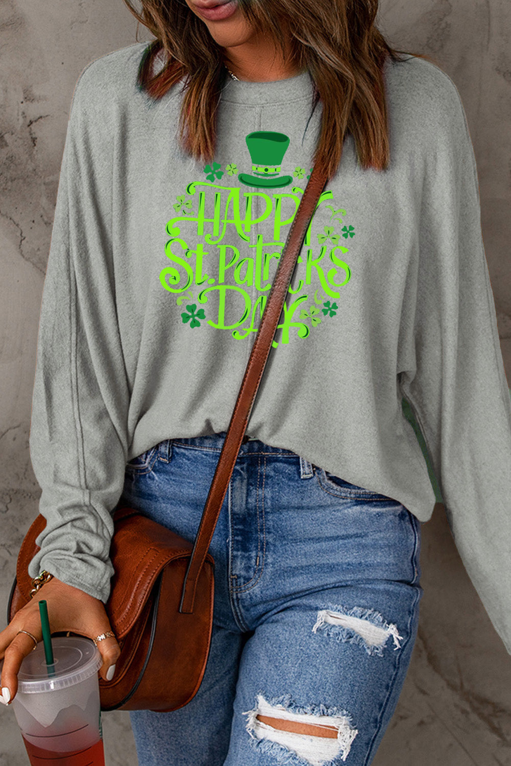 Saint Patrick's Day Graphic Patchwork Long Sleeve Knit Top