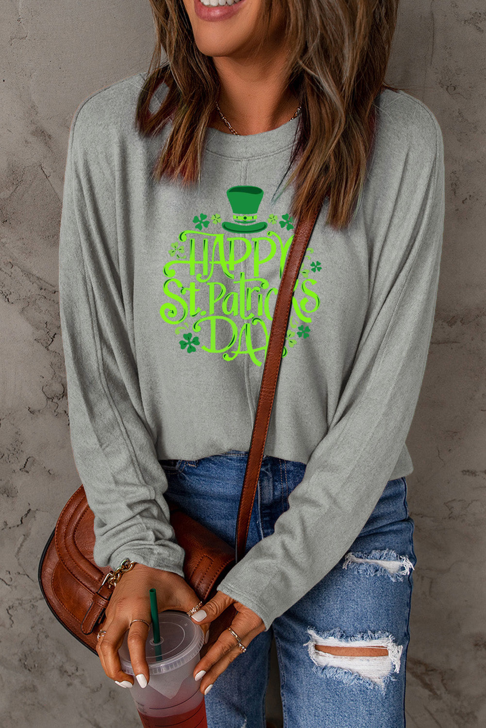 Saint Patrick's Day Graphic Patchwork Long Sleeve Knit Top