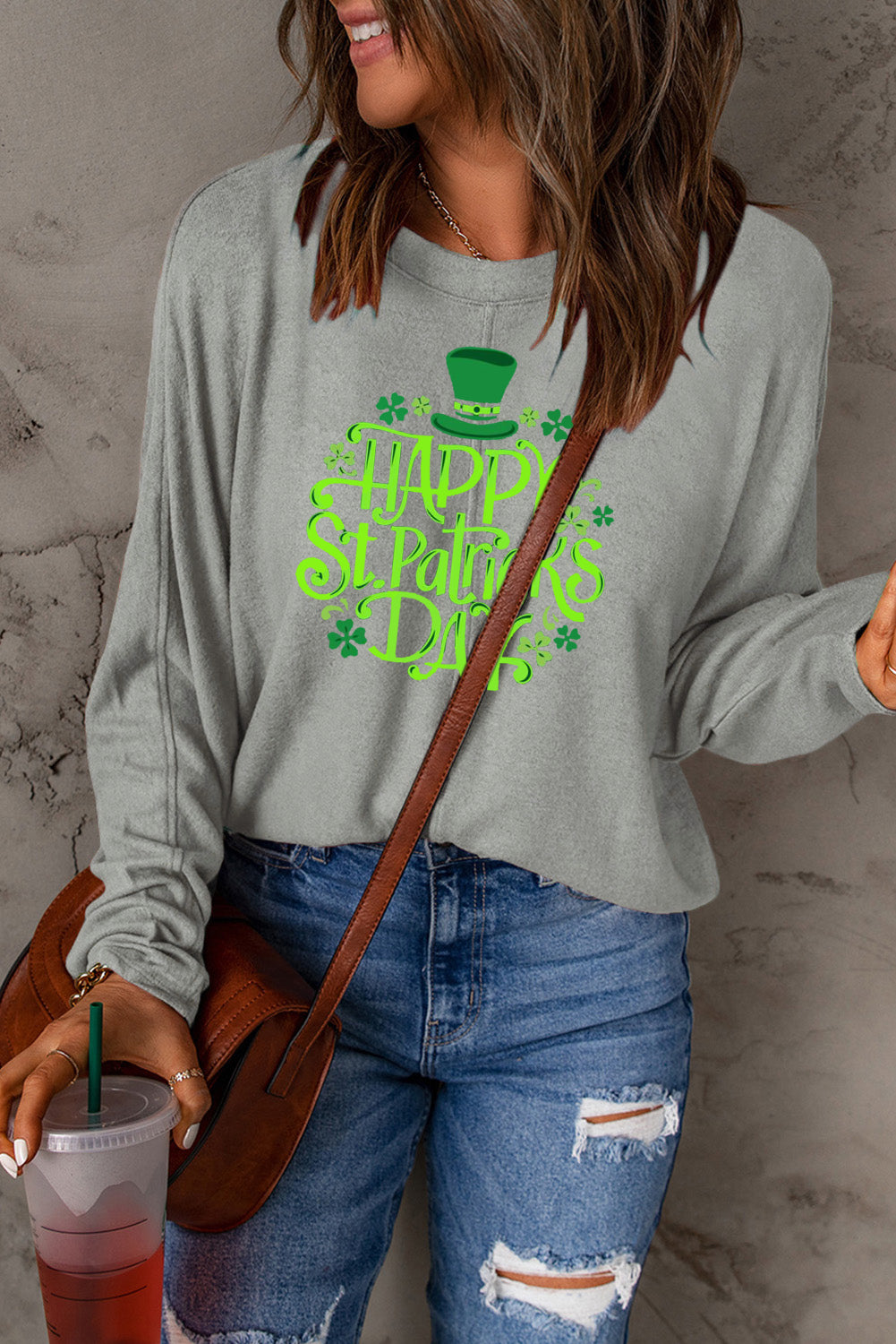 Saint Patrick's Day Graphic Patchwork Long Sleeve Knit Top