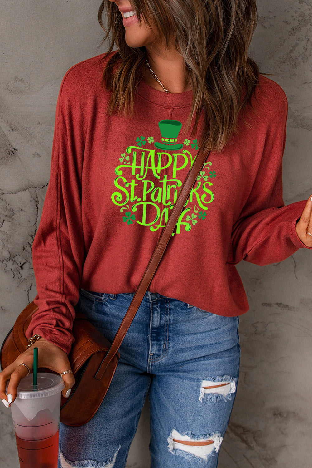 Saint Patrick's Day Graphic Patchwork Long Sleeve Knit Top