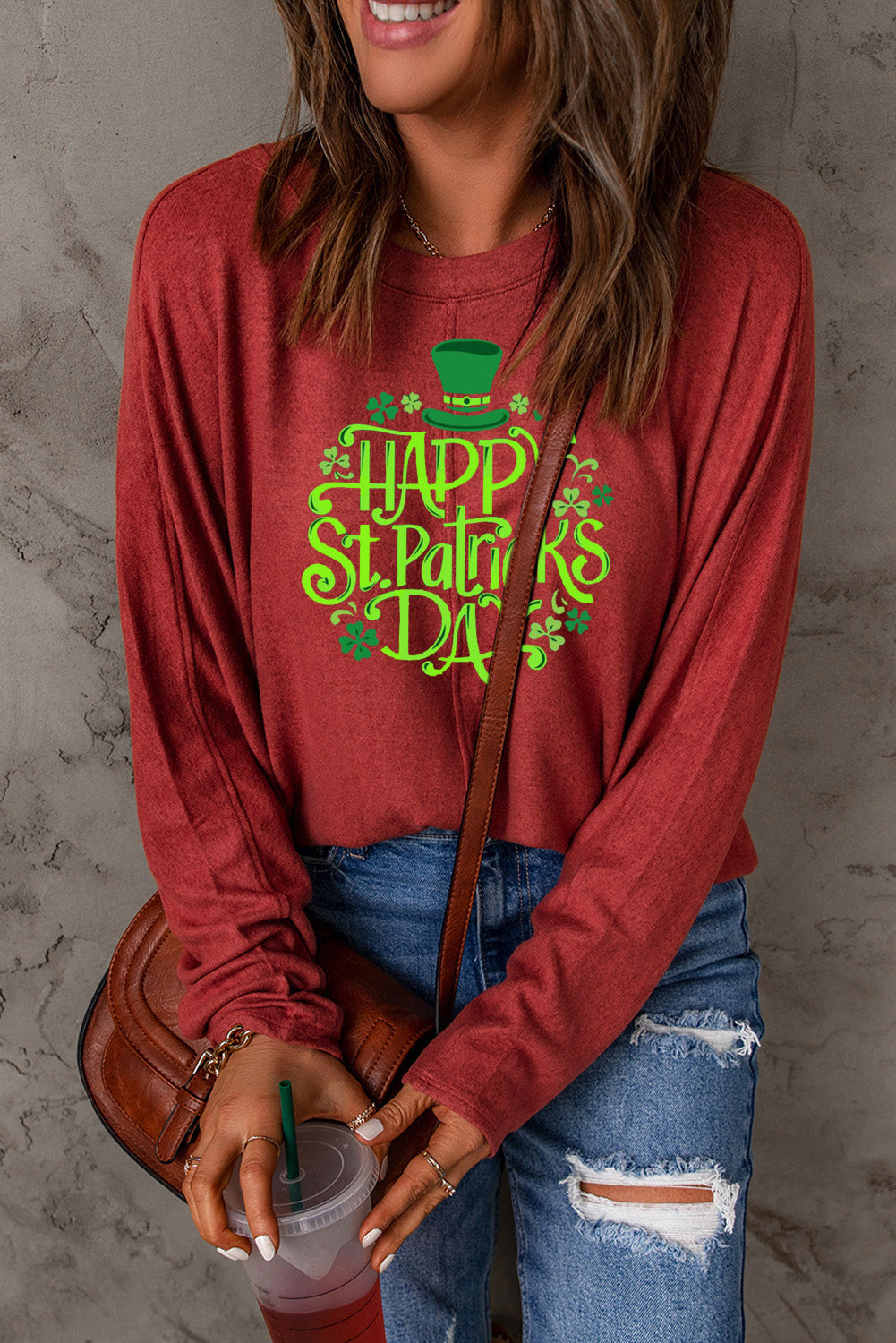 Saint Patrick's Day Graphic Patchwork Long Sleeve Knit Top