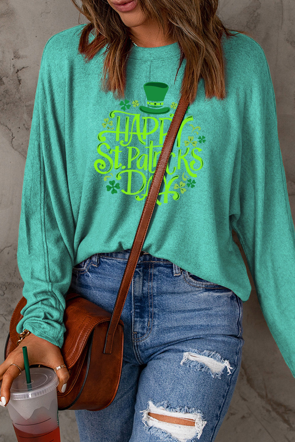 Saint Patrick's Day Graphic Patchwork Long Sleeve Knit Top