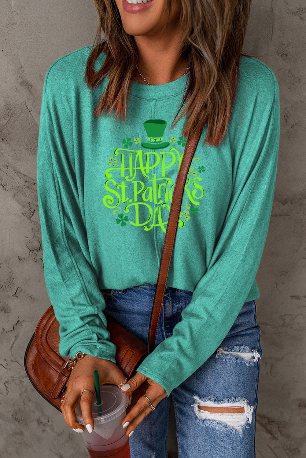 Saint Patrick's Day Graphic Patchwork Long Sleeve Knit Top