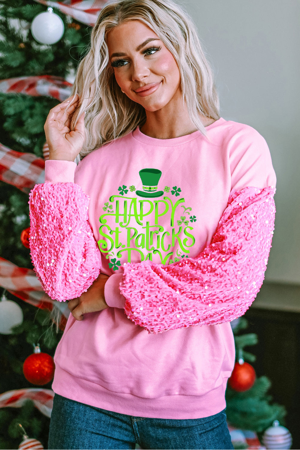 Saint Patrick's Day Sequin Patchwork Long Sleeve Pullover Sweatshirt