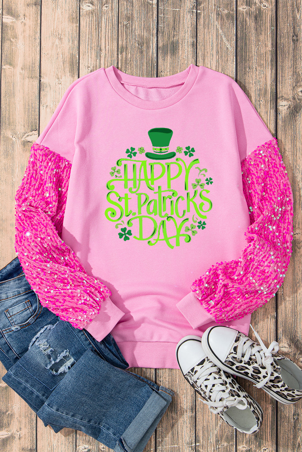 Saint Patrick's Day Sequin Patchwork Long Sleeve Pullover Sweatshirt