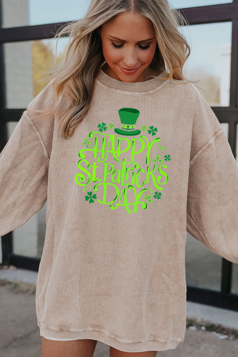 Saint Patrick's Day Graphic Ribbed Corduroy Oversized Sweatshirt