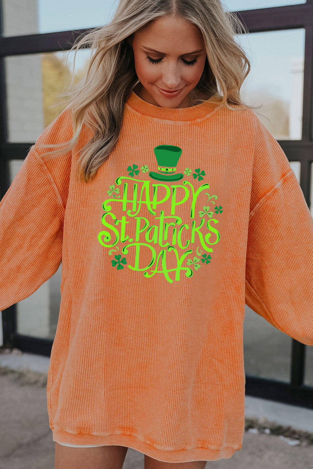 Saint Patrick's Day Graphic Ribbed Corduroy Oversized Sweatshirt