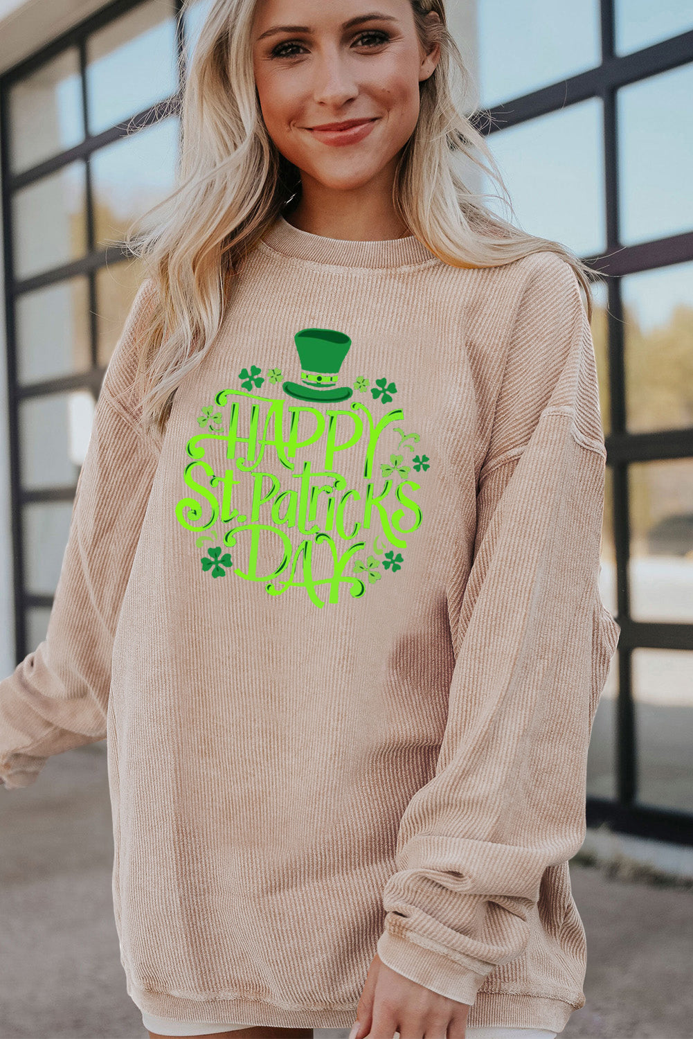 Saint Patrick's Day Graphic Ribbed Corduroy Oversized Sweatshirt