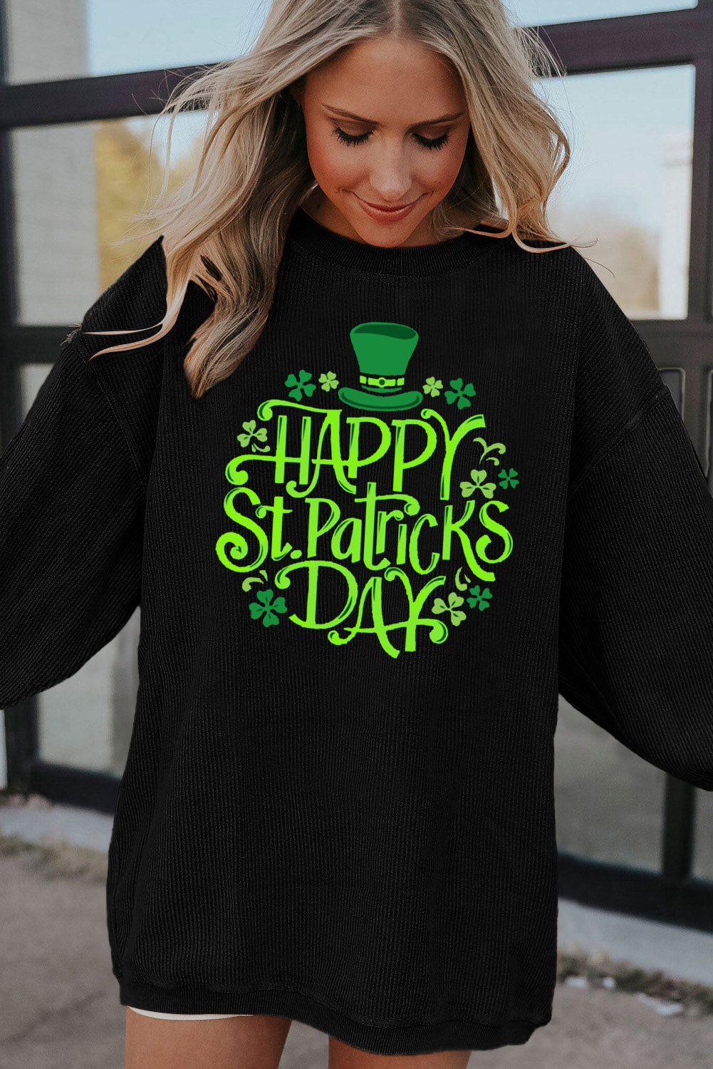 Saint Patrick's Day Graphic Ribbed Corduroy Oversized Sweatshirt