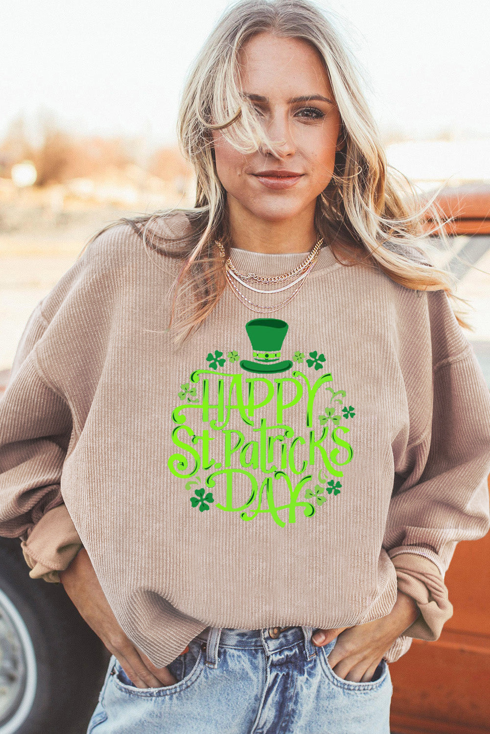 Saint Patrick's Day Graphic Ribbed Corduroy Oversized Sweatshirt