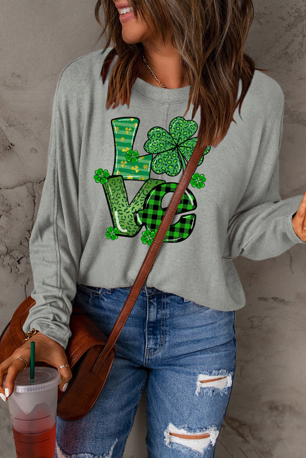 St. Patrick's Day Clover Pattern Patchwork Long Sleeve Knit Top